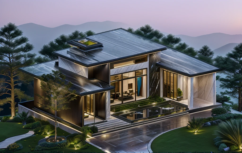 3D render of a beautiful house, Dark, gray tones, white wall. lumion render, night time render, insanely detailed rendering, realistic architecture, architectural visualization. The staircase leading into the house is tiled with black marble and has bright LED lights. Behind are hills and mountains with clear blue sky. The house with a large porch to sit and drink tea and LED lights, there is a large patio with a POOL, pine trees, grass, garden stones, roses, modernism, vivid and detailed, zen garden, lush garden surroundings, residential design, lush landscaping, dense with greenery, pristine and clean design, clean and pristine design. FLOWER GARDEN OF THE HOUSE WITH GREEN TREES AND LIGHTS. The main door is made of black aluminum and glass reaching up to the ceiling. Looking through the glass windows to look inside the house with luxurious interiors with luxurious and warm lights, interior lighting rendering and lighting effects. marble and wood and glass, dark and modern, luxcore render, taken with professional photography techniques, using a wide angle lens with bright natural light and high resolution details, in the style of professional photograph, hyper realistic, highly detailed.