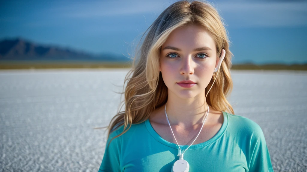 Beautiful blonde with big breasts in a T-shirt (Uyuni Salt Flats at night、walk),Wearing headphones,Very detailed, 21 years old, Innocent face, Wavy Hair, blue eyes, High resolution, masterpiece, Highest quality, Intricate details, Very detailed, Clear focus, Delicate skin, practical skin texture, texture, Delicate eyes, Professional, 4K, Sad face,despair、 Shot with Canon, 85mm, Shallow and deep,  Kodak Vision Color, Exactly, Very detailed, photograph_\(Extremist\), photographpractical, practical, Post-processing, Maximum details, Roughness, Real Life, Extremist practical, Photorealism, photographgraphy, 8K Ultra HD, photographgraphy