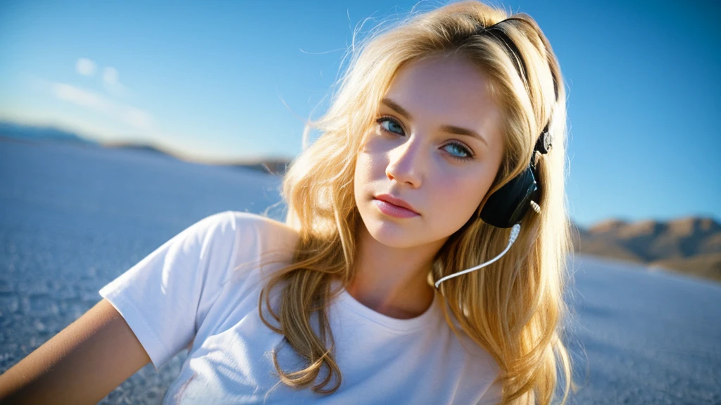 Beautiful blonde with big breasts in a T-shirt (Uyuni Salt Flats at night、walk),Wearing headphones,Very detailed, 21 years old, Innocent face, Wavy Hair, blue eyes, High resolution, masterpiece, Highest quality, Intricate details, Very detailed, Clear focus, Delicate skin, practical skin texture, texture, Delicate eyes, Professional, 4K, Sad face,despair、 Shot with Canon, 85mm, Shallow and deep, Kodak Vision Color, Exactly, Very detailed, photograph_\(Extremist\), photographpractical, practical, Post-processing, Maximum details, Roughness, Real Life, Extremist practical, Photorealism, photographgraphy, 8K Ultra HD, photographgraphy