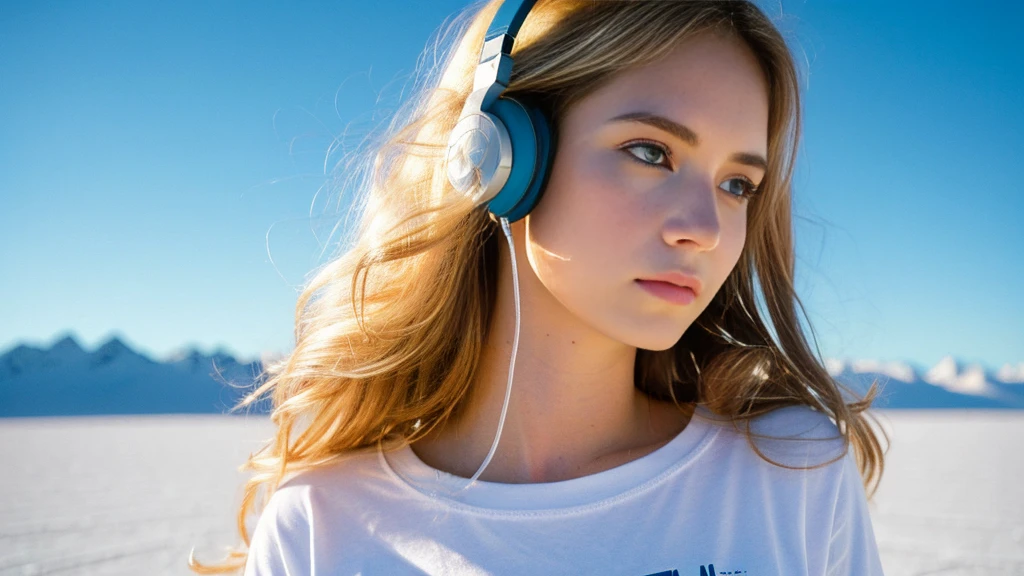 Beautiful blonde with big breasts in a T-shirt (Uyuni Salt Flats at night、walk),Wearing headphones,Very detailed, 21 years old, Innocent face, Wavy Hair, blue eyes, High resolution, masterpiece, Highest quality, Intricate details, Very detailed, Clear focus, Delicate skin, practical skin texture, texture, Delicate eyes, Professional, 4K, Sad face,despair、 Shot with Canon, 85mm, Shallow and deep, Kodak Vision Color, Exactly, Very detailed, photograph_\(Extremist\), photographpractical, practical, Post-processing, Maximum details, Roughness, Real Life, Extremist practical, Photorealism, photographgraphy, 8K Ultra HD, photographgraphy