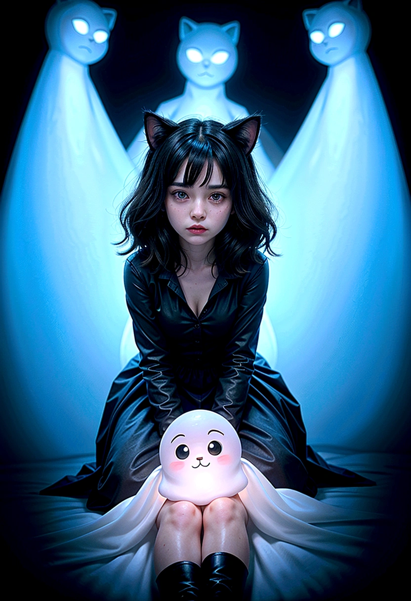 a close up of a black cat sitting on top of a ghost, ghostly, ghostly ghost, floating ghost, assombroso e assustador, ghost, ghastly, spooky ghost, Witchy, cat witch, irridescent ghostly, ghosts, cute funny ghost, ghostly form, Scarry but bewitching, tired and haunted expression, ghostly spirits, ghostly silhouettes
