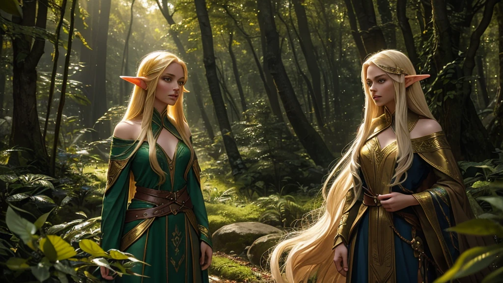 "Elf with a captivating look, unearthly beauty, flowing golden hair, pointed ears, dressed in elaborate elven attire, surrounded by a mystical forest, soft sunlight, breaking through lush greenery."