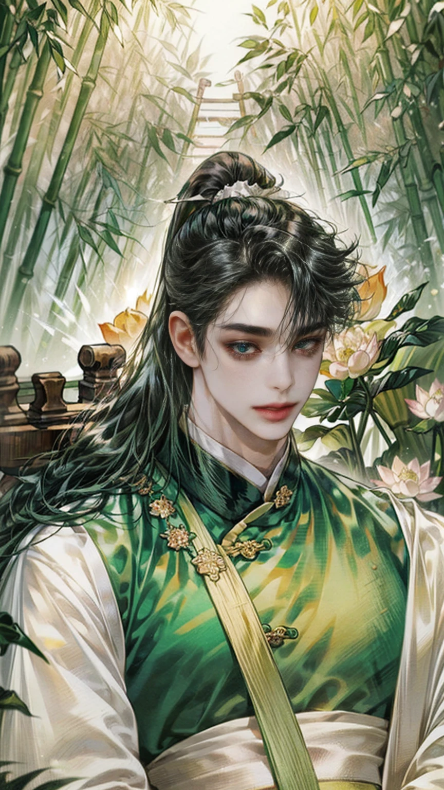 (((best quality))),masterpiece,ultra high resolution,extraordinarily beautiful youth, a bright, innocent smile,All green clothing,((boy 20 year old, green hanfu,green clothing, Chinese shirt style)) ,boy character ,((Thick black long hair)),beautiful face,detailed interior, detailed boy,((man)),(in bamboo forest), house China style, pure white lotus,beautiful and cute boy ,black eyes,((solo man)),(he has a Big eyes, charming lips, slim nose and small face),(slim figures ),ponytail and had jewelry