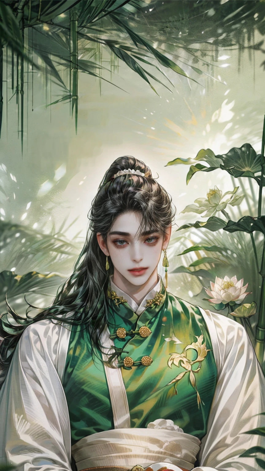 (((best quality))),masterpiece,ultra high resolution,extraordinarily beautiful youth, a bright, innocent smile,All green clothing,((boy 20 year old, green hanfu,green clothing, Chinese shirt style)) ,boy character ,((Thick black long hair)),beautiful face,detailed interior, detailed boy,((man)),(in bamboo forest), house China style, pure white lotus,beautiful and cute boy ,black eyes,((solo man)),(he has a Big eyes, charming lips, slim nose and small face),(slim figures ),ponytail and had jewelry 