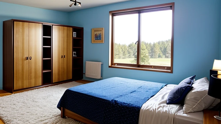 maximum quality, high resolution, image_distinction, A realistic drawing illustration of a bedroom. A wooden bed is placed in the right
corner of the room, with blue sheets and blanket,
and a white pillow. On top of the bed,
there is a pillow with a soccer ball design.
To the left of the room, there is a wooden wardrobe with sports 
stickers on it. Above the bed, there is a poster of a player,
and next to the poster, a wooden shelf with first-place trophies.
On the floor near the bed, there are soccer cleats.
The walls are white, with a wooden floor. 
There is a farmhouse window on the wall with a view of a farm 
fence and a starry sky. The room is dark with a lamp emitting yellow light,
providing a dim yellowish illumination that makes the room slightly bright. The entire scene should be in a 16:9 aspect ratio, 4K, HD, like a scenario.