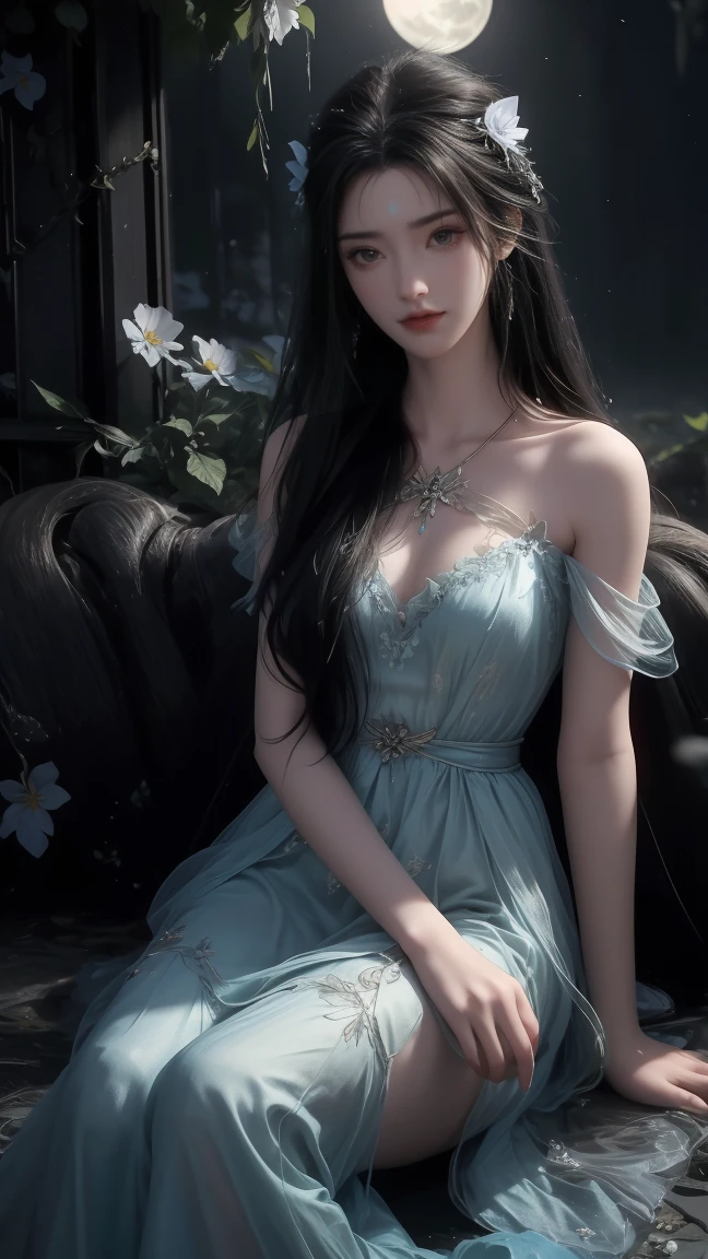 1girl, girl with long black hair, smiling, cheerful, girl is sitting among a wide expanse of flowers, surrounded by beautiful flowers, Calm and peaceful atmosphere, night, moonlight , Beautiful glowing butterflies surround the girl lighting up the darkness of the night, magic,Romantic, the night breeze blows the Sepoi Sepoi girl's hair, 