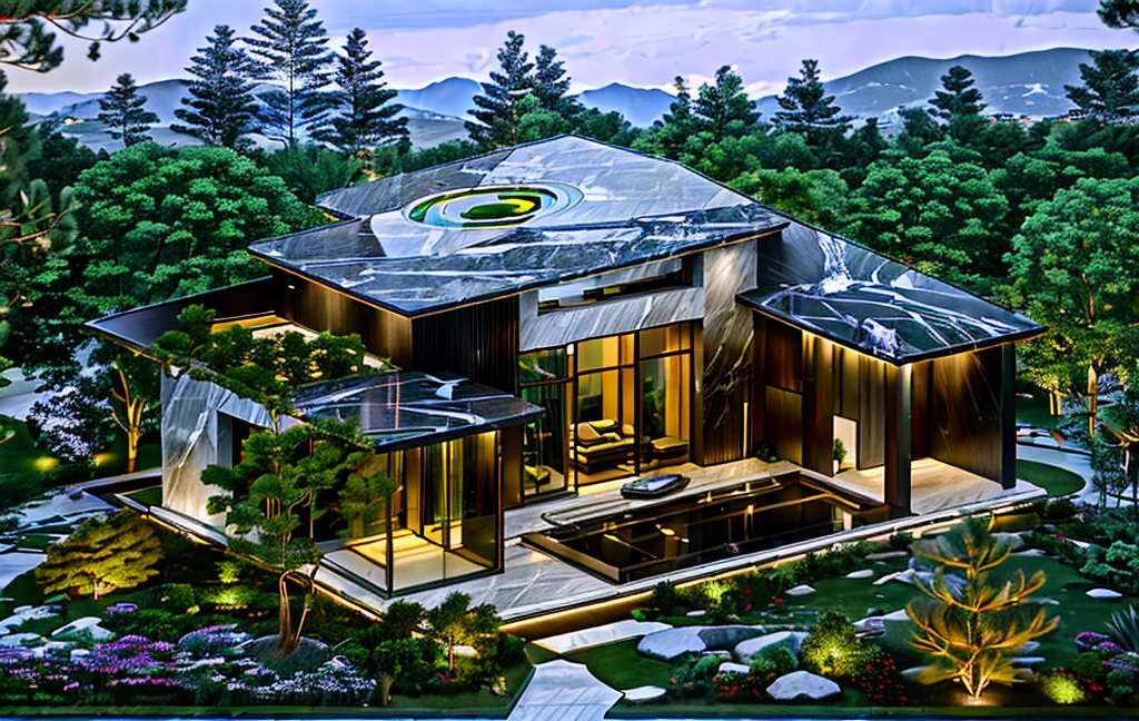 3D render of a beautiful house, Dark, gray tones, white wall. lumion render, night time render, insanely detailed rendering, realistic architecture, architectural visualization. The staircase leading into the house is tiled with black marble and has bright LED lights. Behind are hills and mountains with clear blue sky. The house with a large porch to sit and drink tea and LED lights, there is a large patio with a POOL, pine trees, grass, garden stones, roses, modernism, vivid and detailed, zen garden, lush garden surroundings, residential design, lush landscaping, dense with greenery, pristine and clean design, clean and pristine design. FLOWER GARDEN OF THE HOUSE WITH GREEN TREES AND LIGHTS. The main door is made of black aluminum and glass reaching up to the ceiling. Looking through the glass windows to look inside the house with luxurious interiors with luxurious and warm lights, interior lighting rendering and lighting effects. marble and wood and glass, dark and modern, luxcore render, taken with professional photography techniques, using a wide angle lens with bright natural light and high resolution details, in the style of professional photograph, hyper realistic, highly detailed.