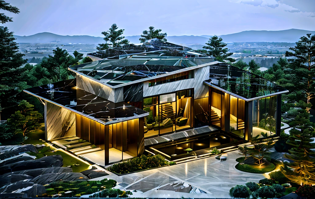 3D render of a beautiful house, Dark, gray tones, white wall. lumion render, night time render, insanely detailed rendering, realistic architecture, architectural visualization. The staircase leading into the house is tiled with black marble and has bright LED lights. Behind are hills and mountains with clear blue sky. The house with a large porch to sit and drink tea and LED lights, there is a large patio with a POOL, pine trees, grass, garden stones, roses, modernism, vivid and detailed, zen garden, lush garden surroundings, residential design, lush landscaping, dense with greenery, pristine and clean design, clean and pristine design. FLOWER GARDEN OF THE HOUSE WITH GREEN TREES AND LIGHTS. The main door is made of black aluminum and glass reaching up to the ceiling. Looking through the glass windows to look inside the house with luxurious interiors with luxurious and warm lights, interior lighting rendering and lighting effects. marble and wood and glass, dark and modern, luxcore render, taken with professional photography techniques, using a wide angle lens with bright natural light and high resolution details, in the style of professional photograph, hyper realistic, highly detailed.