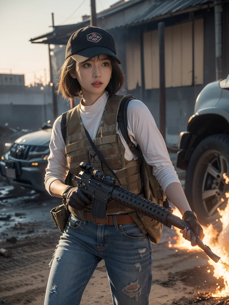 (8K, RAW photos, best quality, high resolution,Ultra-clear details,masterpiece:1.2),(Practical, Practicalな写真:1.4),(Highly detailed CG Unity 8K wallpaper),(Round Face: 1.5), (Fine pupils:1.3),(Cold eyes:1.1),(Unforgettable eyes:1.1),(You have beautiful eyes:1.1),
24 years old, Korean woman, Delicate and beautiful face、Sexy,Bronze skin, You are wearing clothes.s. Hold an assault rifle in both hands,Marines,Bulletproof vest、Backpack、heavy equipment、 Battles on the battlefield, Strong muscles, World War, Modern war themes,Army girl, running、Assault rifle with precise details, (Hold on to your rifle.: 1.3), (Aim and hold the rifle.: 1.3), Shootout, , Baseball cap, car on fire, War Zone,, explode, Burning City, cigarette, Broken Tower, belly button, Gloves, Torn pants, A face stained with mud and blood, Sweating of the skin, Bloody Skin, muddy skin, Declaration of determination, Accurate expression, best quality, 超high resolution, Practicalな, 、Physically Based Rendering(Physically Based Rendering(Physically Based Rendering)), light, complicated, Feeling,像一样柔和的light, Pleasant tone, Battlefield Background, city war background, Practical, Cowboy shooting, Dynamic Angle,, Mahindra Thar, electric wire, 8K!!, 偉大なmasterpiece,, Production: Tom Karafik、Impressive pose