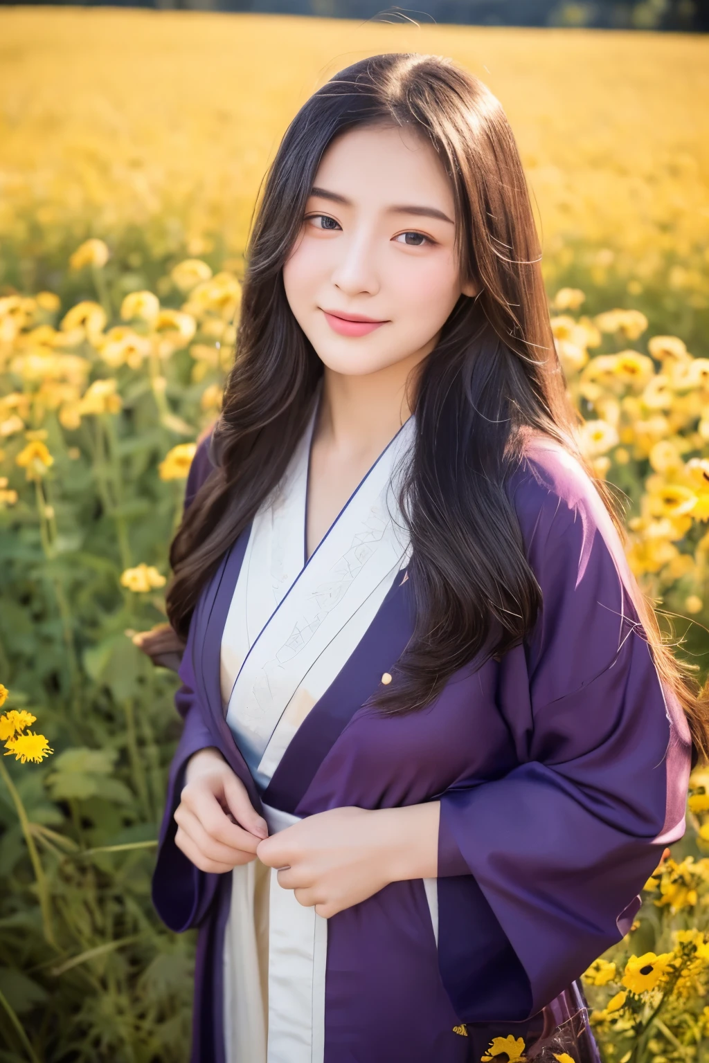 Super super realistic、high quality、Very detailed、Ultra-high resolution、Black Hair、Long Hair、The Beauty of Japan、No makeup、double、Wide-set eyes、Sensual eyes、Sleepy eyes、Apple Cheeks、Alabaster peel、Thin eyebrows 、teeth、Thick lips、Big Hips、sad、behind、Embarrassing 、Apply blush all over the face、Sticking out tongue、Mole under eye、Half-closed eyes、Hollow Eyes、envy、Exhausted、19 years old、height: 147cm、she wearing deep purple and black kimono、standing on Flower Meadow of Delphinium、sunlight、full body、blue sky、glint、