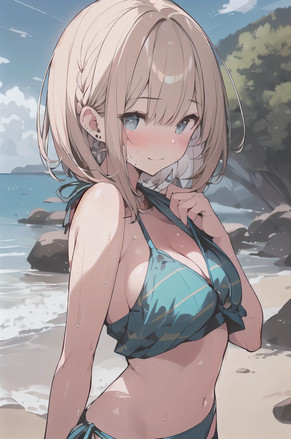 (best quality), (Super detailed), (Best Illustration), (masterpiece), score_9, score_8_up, score_7_up, 4k, (woman), look at viewer, {(white T-shirt), (shirt lift:1.2), (show off striped bikini:1.2)}, (large breasts), {(detailed eyes), blue eyes}, {brown hair, (sideburns), (bob cut:1.3), curly hair, hairs between eyes, colored inner hair}, light smile, blush, earring, (wet), (sweat), (beach:1.3)
