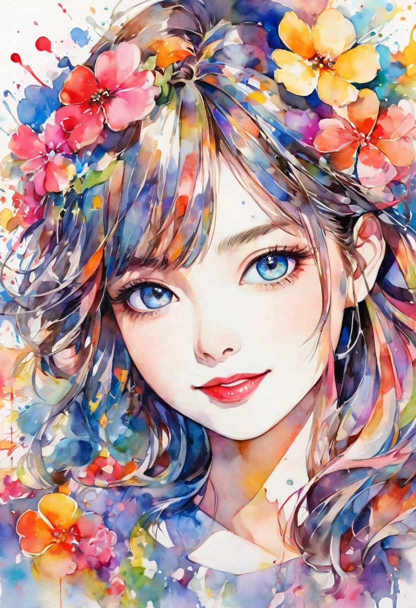 beautiful woman portrait, cute smile, upper body , Sylvia Pelissero watercolors, colorful flowers、beautiful eyes、 abstract art, intense watercolor, watercolor detailed art, watercolor splash, surreal, avant-garde pop art, Beautiful and expressive paintings, Beautiful artwork illustration, very colorful tones, wonderful, cool beauty, highest quality,official art, women only, sharp outline, best shot, vector art, lips in love、 (((The strongest beautiful women of all time))), (((Japanese)))、clear, (((highest quality))), lips in love, HDR, ((Detailed details)), stylish fashion, detailed clothing texture, (((graffiti art))), colorful hair, ((masterpiece))、((Super detailed))