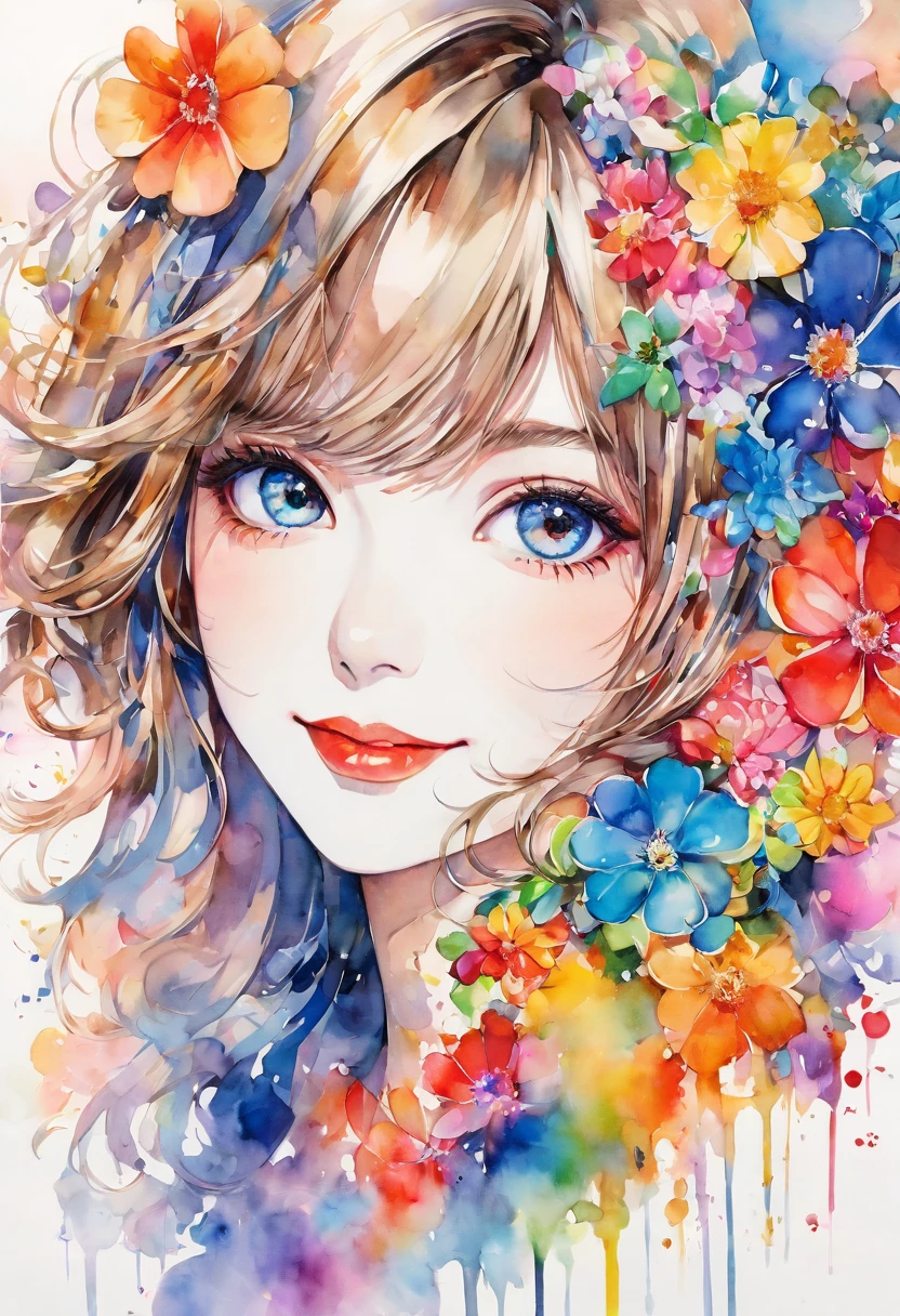 beautiful woman portrait, cute smile, upper body , Sylvia Pelissero watercolors, colorful flowers、beautiful eyes、 abstract art, intense watercolor, watercolor detailed art, watercolor splash, surreal, avant-garde pop art, Beautiful and expressive paintings, Beautiful artwork illustration, very colorful tones, wonderful, cool beauty, highest quality,official art, women only, sharp outline, best shot, vector art, lips in love、 (((The strongest beautiful women of all time))), (((Japanese)))、clear, (((highest quality))), lips in love, HDR, ((Detailed details)), stylish fashion, detailed clothing texture, (((graffiti art))), colorful hair, ((masterpiece))、((Super detailed))