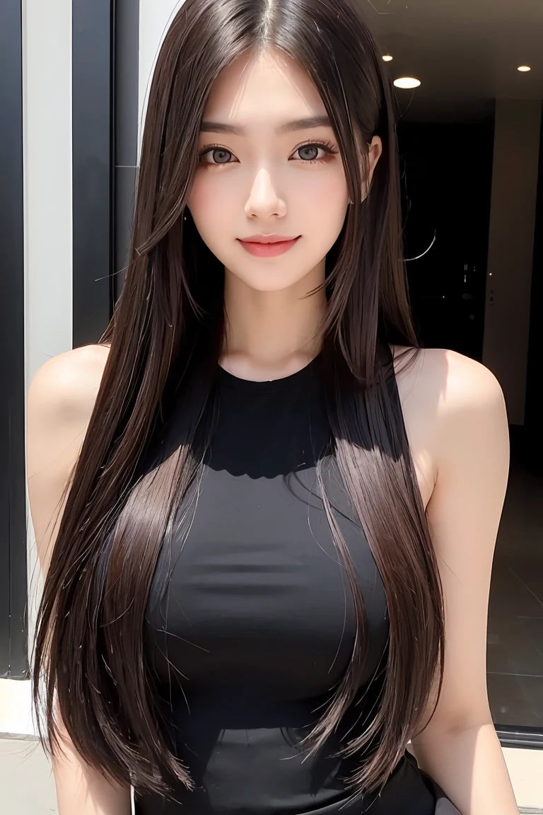 24-year-old female、Hair color is black、The eye color is dark brown、Super long hair、Straight hair、A slender but well-proportioned muscular woman、Laughter、I&#39;Wearing a necklace、Wrist Accessories、Wearing transparent tops、I'm wearing high heels、Wear light pants、Laughter、wear a lace choker、I&#39;m in a marble building、Too beautiful hair、shiny hair、Beautiful hair illuminated by the morning sun、White tank top、Large, slanted eyes、Cat face、Super long hairー、hair illuminated by light