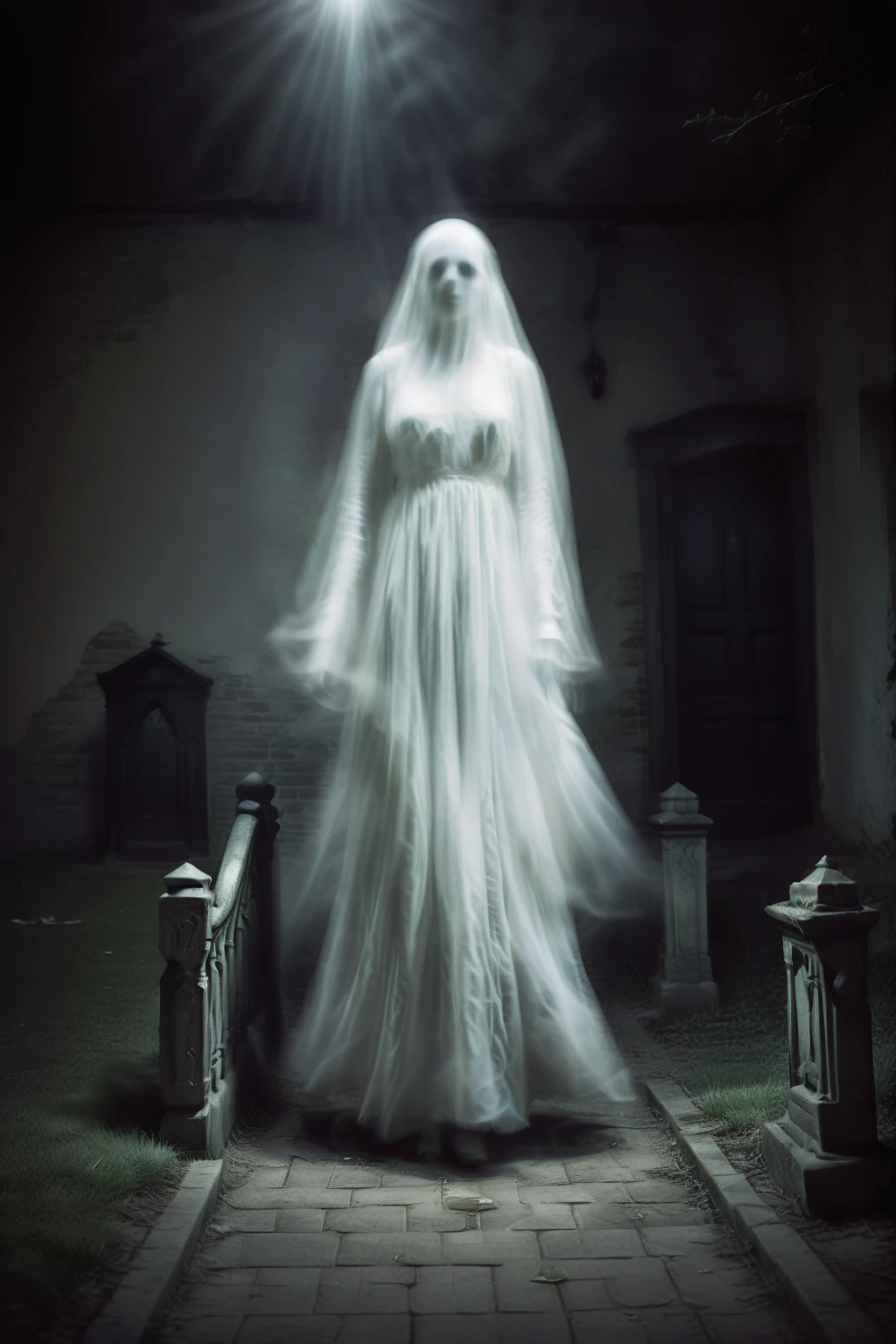 ghost, highly detailed candid photo of ghost walking in a graveyard:1.3, (((transparent))), ((veil)), ((looking at viewer)), portrait:1.5, masterpiece, best quality:1.1, graveyard:1.3, outdoors, god rays:1.3, night:1.3, pitch black:1.2, ultra photoreal, sharp focus:1.1, depth of field:1.1, 50mm, style of Nathan Wirth, Hasselblad X1D II, Porta 160,