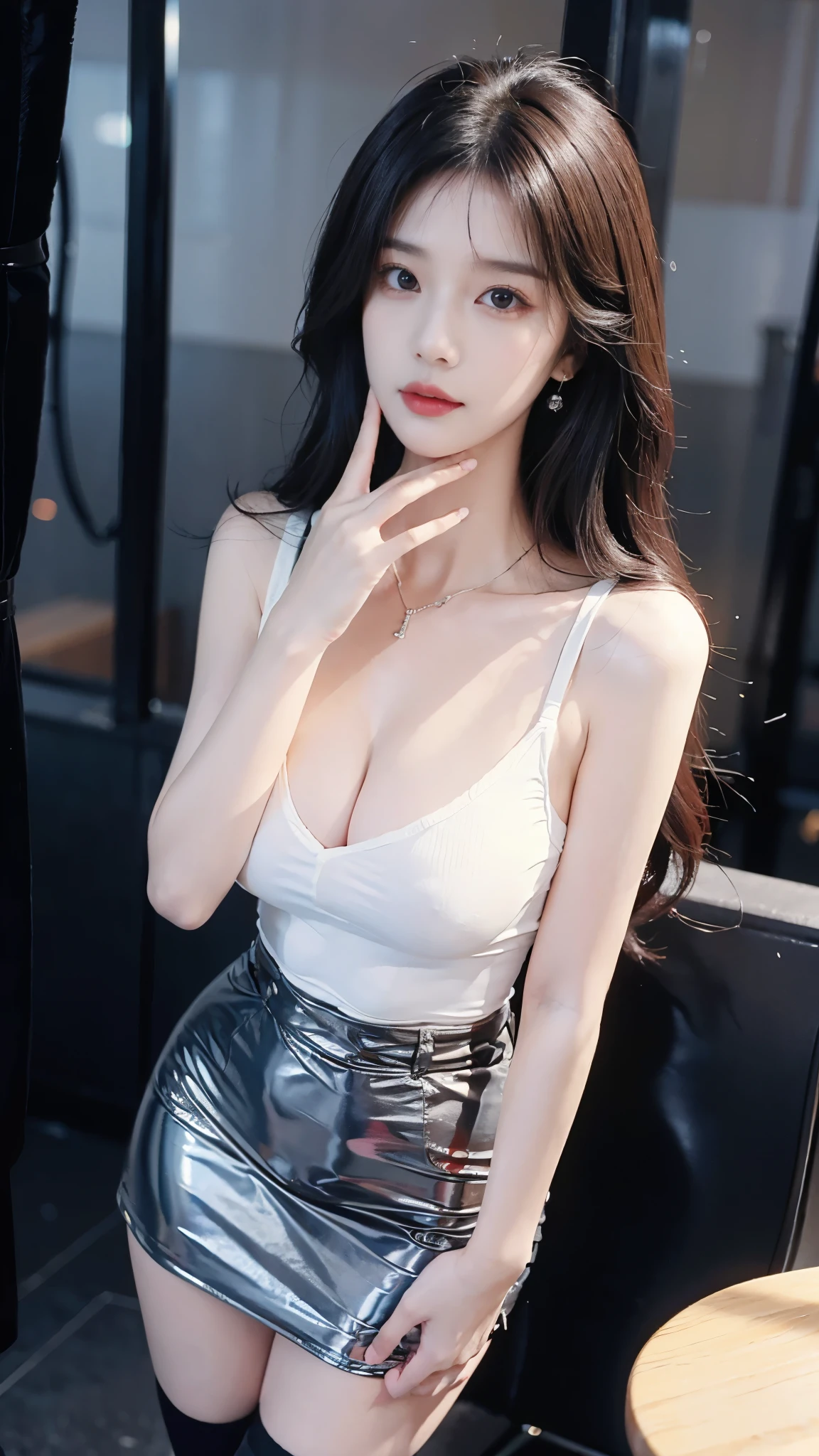 Special clothes41,shirt,thighhighs,skirt,necktie, (1 Girl,Solitary), ((Big breasts)), expression, Clear face, Pretty Face, outdoor, Random scenes, Random shooting angles, 8K, masterpiece, original photo, best quality, detail:1.2,lifelike, detail, Very detailed, CG, Unite, wallpaper, Depth of Field, Movie Lighting, lens flare, Ray Tracing, (Extremely beautiful face, Beautiful lips, beautiful eyes), complex, detail的脸, ((ultra detailed skin)), 1 girl, in the darkness, Deep Shadows, Beautiful Korean girl, Korean Idol,(Very slim figure:1.3), Full breasts, Large Breasts, Slender sexy legs, Very beautiful legs, Elegant Posture, (A bright smile), (City night, (Neon), (night), Beautiful Korean girl, White Diamond Earrings, Bracelet diameter, Deya Necklace, Clear eyes, (big eyes)