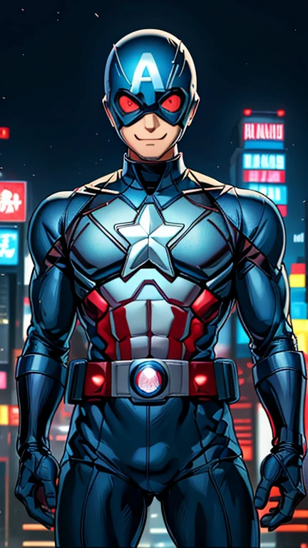 (8k),(masterpiece),(Japanese),(8--old ),((innocent look)),((Childish)),From the front,smile,cute,Innocent,Kind eyes,Flat chest,blue helmet,blue domino mask, Captain America,bald,no Hair,Strong wind,night,dark, Neon light cyberpunk city,Kamen rider, superhero,Ringo! style,camisa