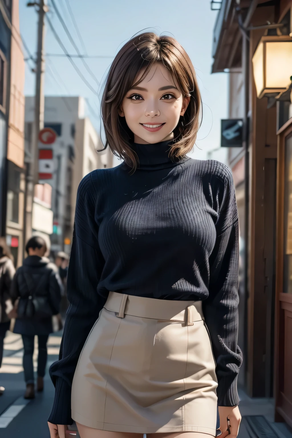 (8K, RAW Photos, Highest quality, masterpiece, Realistic, Realistic), (1. The ultimate beauty), middle aged, Highly detailed face, fine grain, double eyelid, eyelash, Grin, Beautiful Teeth, Lip details, Brunette Bob, Big Breasts, (Blue Turtleneck Sweater), ((Brown mini skirt)), Cowboy Shot, Ginza Street in Tokyo, Cityscape, Soft Light, ((Written boundary depth)) 