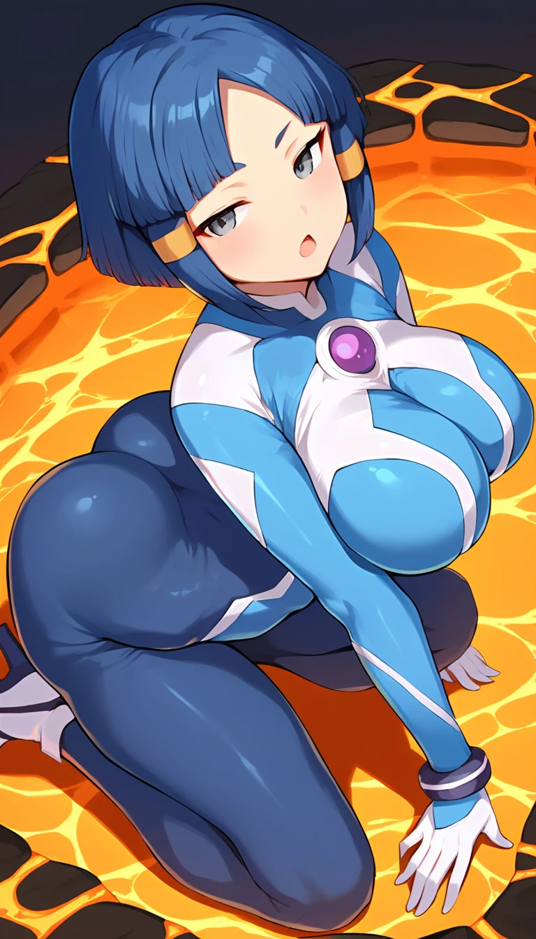 best quality,ultra detailed,solo,score_9, score_8_up, score_7_up, score_6_up, score_5_up, score_4_up, source_anime, 1girl, clara, blue hair, hair tubes, grey eyes, bodysuit,big breasts, sexy pose, (behind view,portrait),full body, sranding on lava,heavenly ass, heavenly breasts, big ass, no shoes, wearing white heels, upset, cute, face, long legs, tight bodysuit, tight sleeves, white bodysuit, half-closed eyes, backside