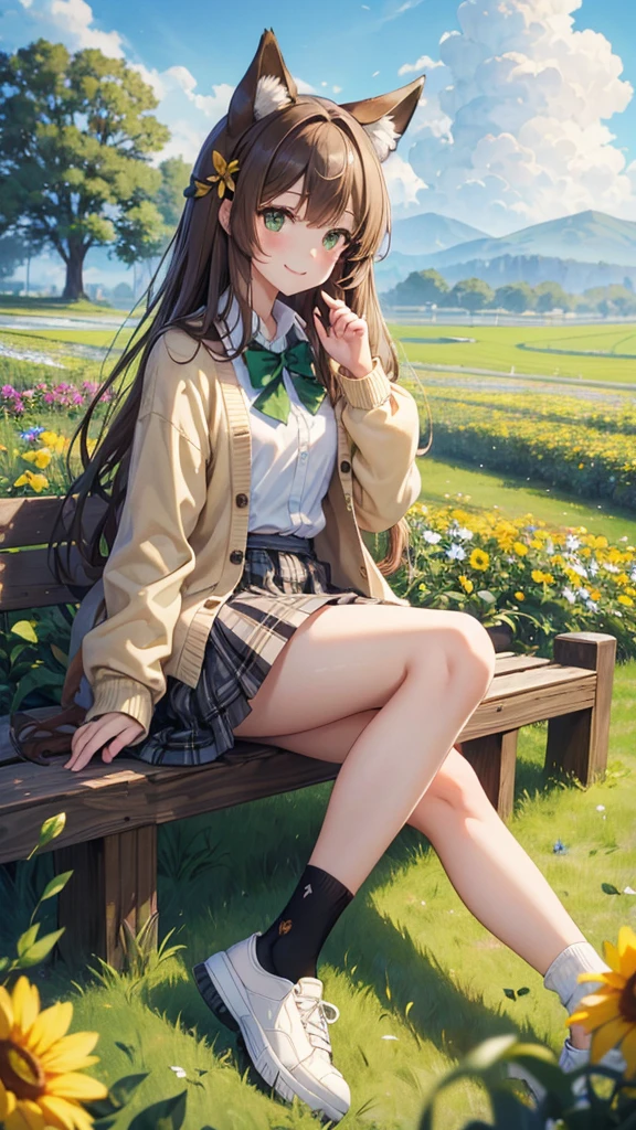 masterpiece, Highest quality, outside, Flower Field, From the side, One girl, smile, Conceit, Long Hair, Brown Hair, Green Eyes, Fox Ears, Medium chest, White collared shirt, bow tie, Beige cardigan, Black plaid skirt, Thick thighs, sneakers, loose socks, Panto Peak,
