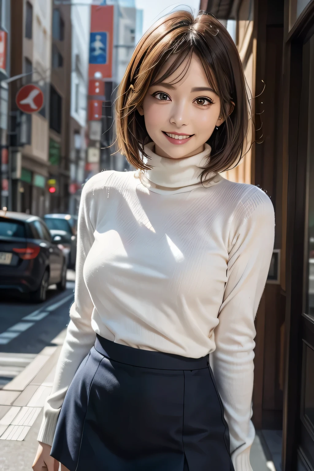(8K, RAW Photos, Highest quality, masterpiece, Realistic, Realistic), (1. The ultimate beauty), middle aged, Highly detailed face, fine grain, double eyelid, eyelash, Grin, Beautiful Teeth, Lip details, Brunette Bob, Big Breasts, (Blue Turtleneck Sweater), ((Brown mini skirt)), Cowboy Shot, Ginza Street in Tokyo, Cityscape, Soft Light, ((Written boundary depth)) 