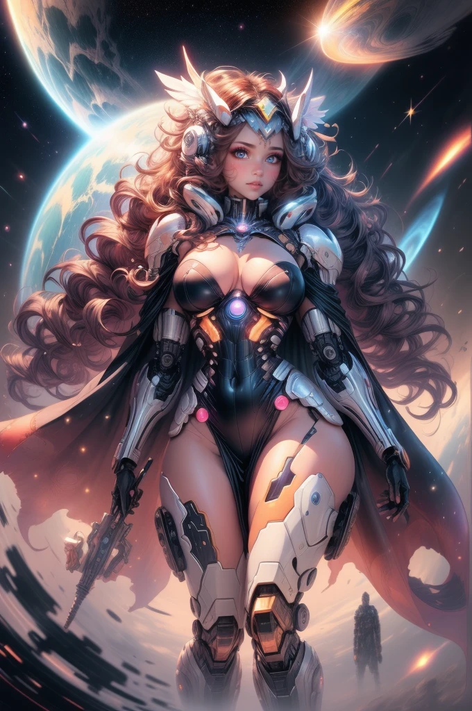 a nude  woman in a black dress and cape standing in front of a planet,  huge boods, enormous breasts , beautiful celestial mage, cyborg goddess in cosmos, artgerm julie bell beeple, goddess of space and time, female earth mage, cosmic goddess, artgerm jsc, celestial goddess, fantasy paladin woman, goddess of galaxies, galactic sized goddess, fantasy card game art