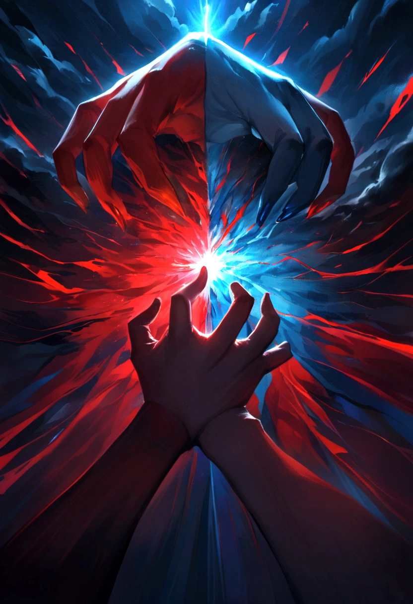 half of the image red and the other half blue, in the middle of the image a hand that symbolizes people's control, image with aggressive lights