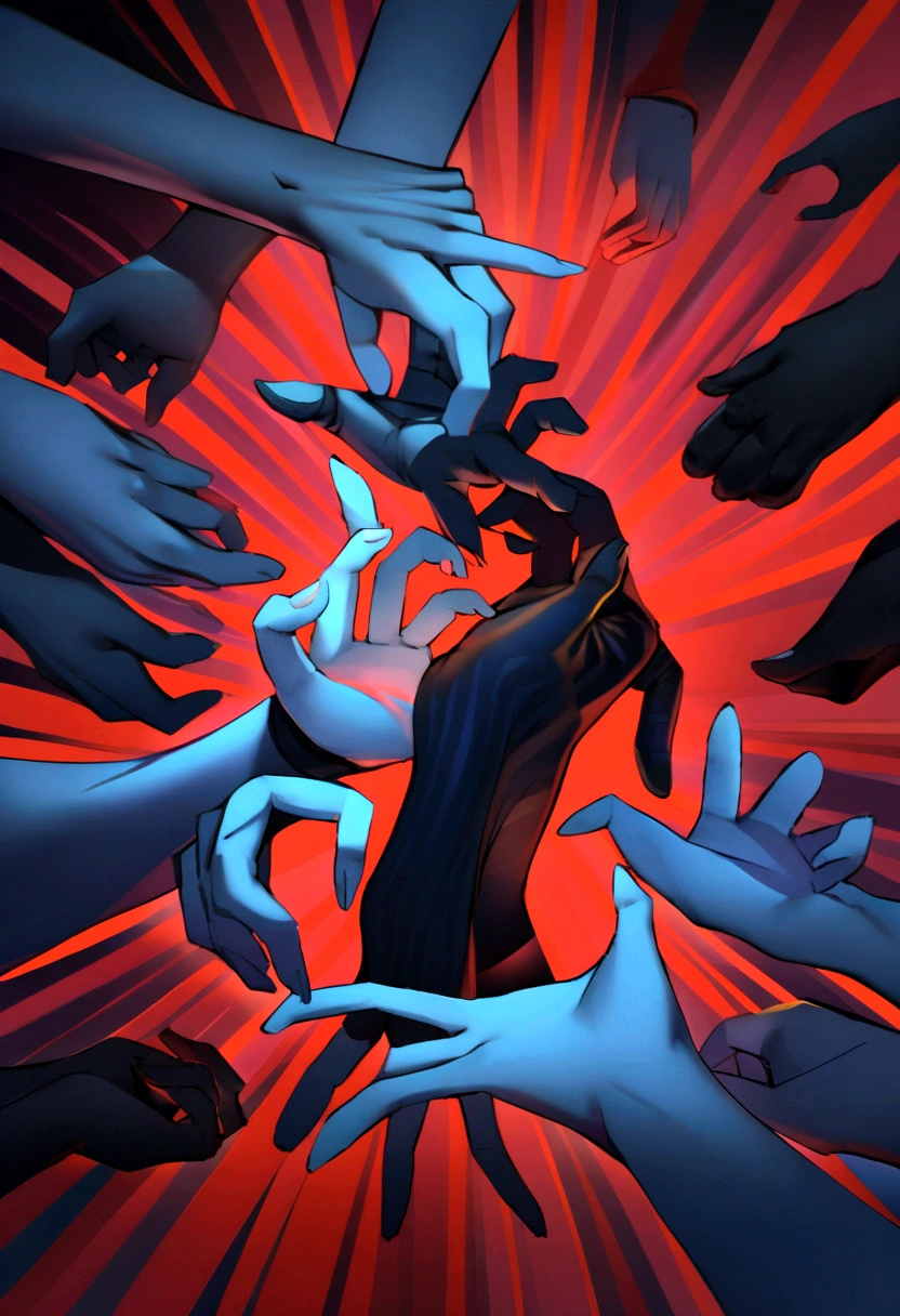half of the image red and the other half blue, in the middle of the image a hand that symbolizes people's control, image with aggressive lights