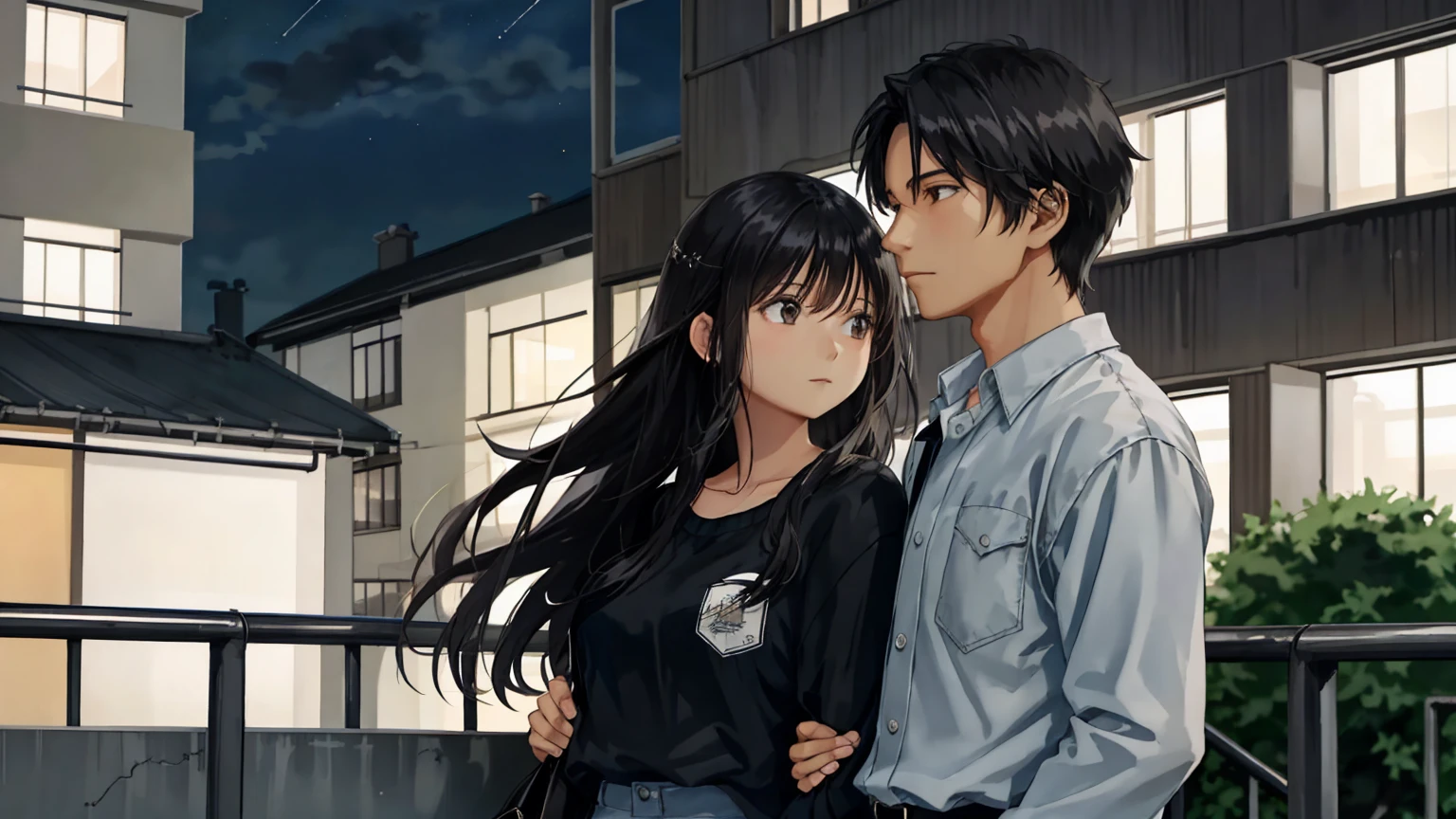 A July night in the city, with a cool breeze blowing through the buildings. After the rain, stars twinkle through the gaps in the clouds. A man and a woman, with the woman's long black hair flowing in the wind, enjoying a moment of twilight in the summer night. The man is handsome, and both are dressed in casual urban summer clothing, adding to the relaxed atmosphere of the urban landscape.