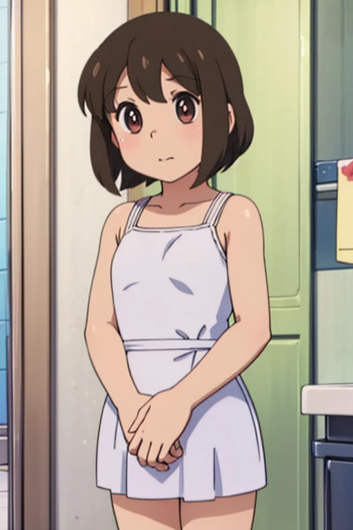  girl, brown hair, cute face, wearing short white towel, shoulders showing, loose towel, high quality, anime eyes