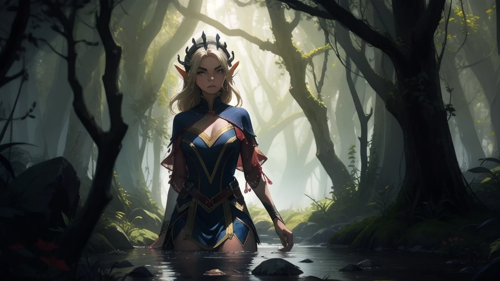 "Elf with a captivating look, unearthly beauty, flowing golden hair, pointed ears, dressed in elaborate elven attire, surrounded by a mystical forest, soft sunlight, breaking through lush greenery."