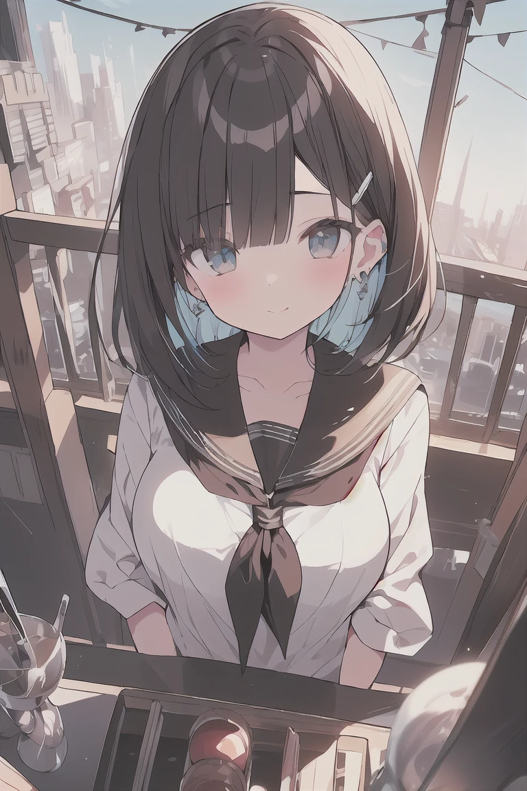 (best quality), (Super detailed), (Best Illustration), (masterpiece), score_9, score_8_up, score_7_up, 4k, (woman), high contrast, look at viewer, {(white serafuku:1.2)}, (large breasts), {(detailed eyes), blue eyes}, {brown hair, (sideburns), (bob cut:1.3), curly hair, hairs between eyes, colored inner hair}, blush, earring, wind, (panoramic view:1.3)