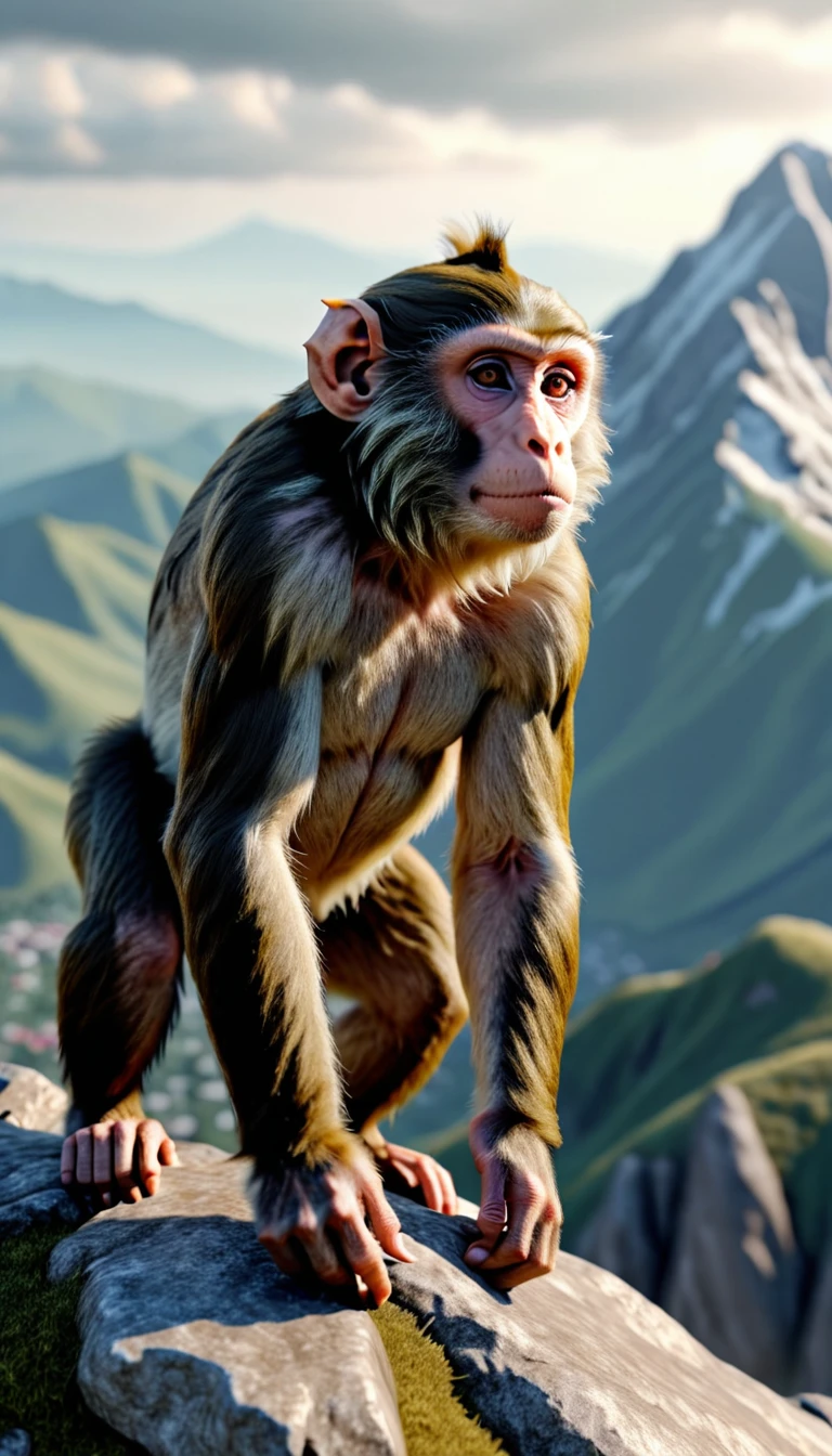 There is a wild beast on the mountain,Looks like a monkey but has four ears(best quality,4K,8K,High level,masterpiece:1.2),Ultra Detailed,(lifelike,Photo real,Photo real:1.37),Highly detailed animals,Complex patterns,Realistic lighting,Fantasy Creatures