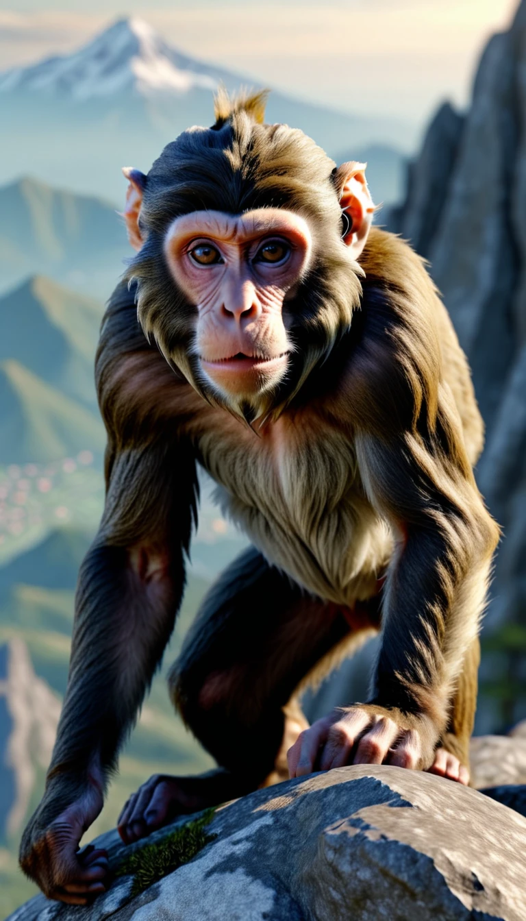 There is a wild beast on the mountain,Looks like a monkey but has four ears(best quality,4K,8K,High level,masterpiece:1.2),Ultra Detailed,(lifelike,Photo real,Photo real:1.37),Highly detailed animals,Complex patterns,Realistic lighting,Fantasy Creatures