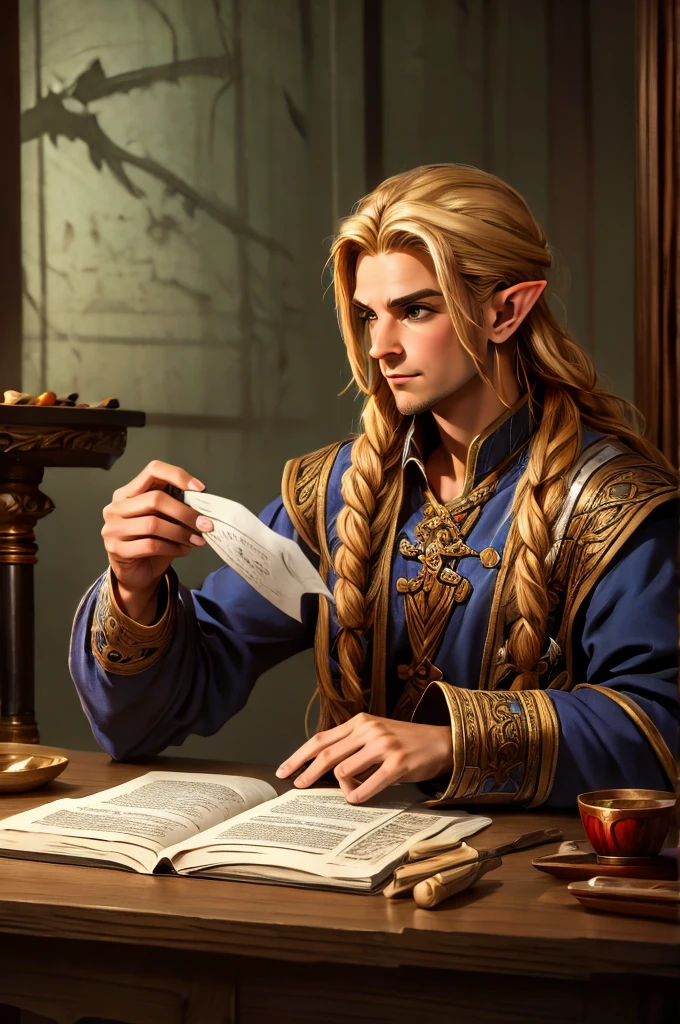 magical bracers, a large curved blade, hair braided, A sword is on the table in front of him, a 40-year-old Male Elf is sitting behind a table filled with papers and open books the background an office or a library with lots of papers and maps on the wall. He is wearing a Taoist cleric robe. There is a sword on the table.
