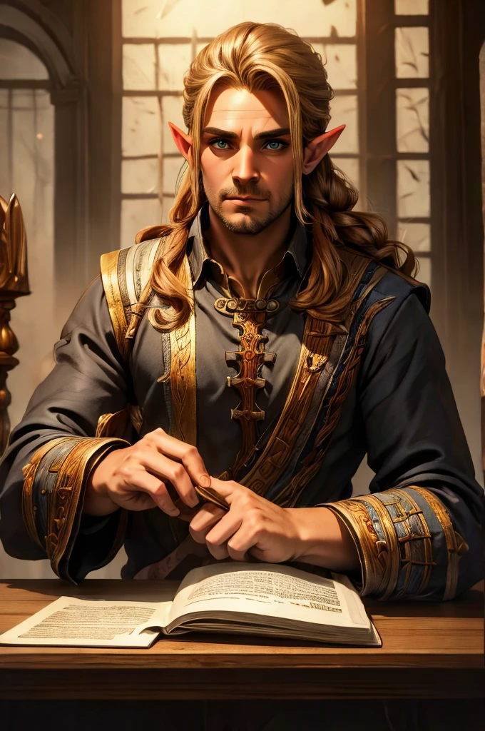 magical bracers, a large curved blade, hair braided, A sword is on the table in front of him, a 40-year-old Male Elf is sitting behind a table filled with papers and open books the background an office or a library with lots of papers and maps on the wall. He is wearing a Taoist cleric robe. There is a sword on the table.
