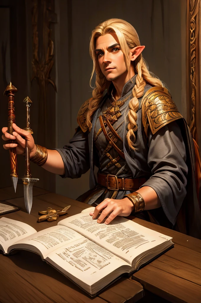 magical bracers, a large curved blade, hair braided, A sword is on the table in front of him, a 40-year-old Male Elf is sitting behind a table filled with papers and open books the background an office or a library with lots of papers and maps on the wall. He is wearing a Taoist cleric robe. There is a sword on the table.
