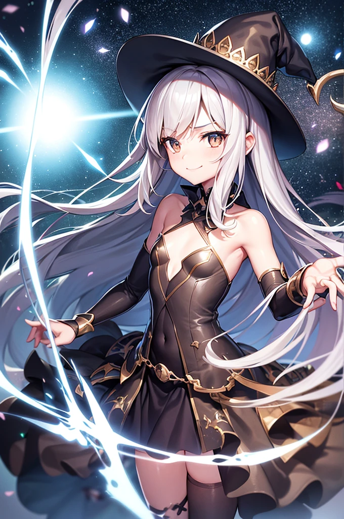 masterpiece, 8k, best quality, highly detailed, a witch wearing a snowy & ice covered witch's hat with icy runes wielding a icy silver staff topped with a dark full moon with both hands in front of her body