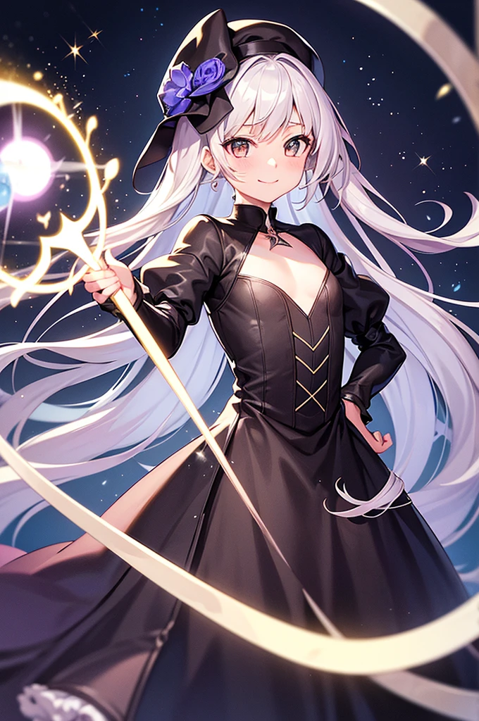 Perfect human body modeling, 1 girl, cute girl, pretty face, bitter smile, , Beautiful gray long hair, beautiful light brown eyes, flat chest, small build, No muscles, white skin, wizard, Big magic wand, gothic skirt, magical girl, little Medieval Dress, Princess Dresses, Big black hat, light particles, light sparkles, lens flare, Light particles, Magic light, strong light