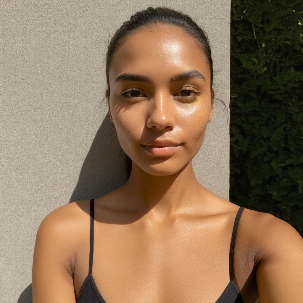 (front facing camera),(Texture de la peau, pores, naturel,iPhone,brut)), bright and sunny lighting, Full body photo&#39;a woman with her hair styled to the side and wearing a ((tight)) haut élastique à manches longues et bretelle, en train de lécher une glace, nikon z9, Realistic matte skin,blurred landscape with green trees and grassy hills in the background,  