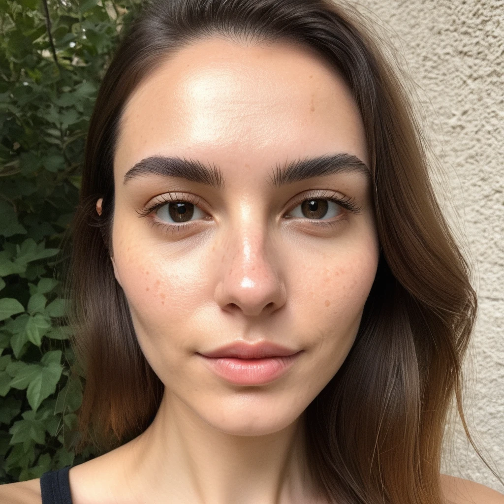 (front facing camera),(Texture de la peau, pores, naturel,iPhone,brut)), bright and sunny lighting, Full body photo'a woman with her hair styled to the side and wearing a ((tight)) haut élastique à manches longues et bretelle, en train de lécher une glace, nikon z9, Realistic matte skin,blurred landscape with green trees and grassy hills in the background,