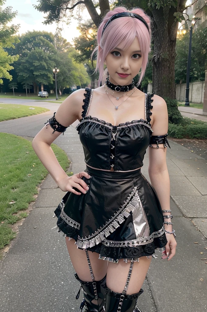 sexy stylish Swedish model, only 1 female, ((doll-like appearance)), short neon pink stylish hair, ((shiny Punk-Style boots)), (beautiful smile), ultra detailed eyes, detailed makeup, lipgloss, ((sexy Punk Lolita cosplay)), unconventional skirt, petticoats, high neckline, ((ultra detailed lace)), ((ultra detailed embroidery)), intricate details, tartan patterns, (silver chains), (silver spikes), (safety pins), Punk Lolita accessoires, Punk Lolita choker, ((large sparkling Punk Lolita jewelry)), cinematic light, detailed large park background with trees