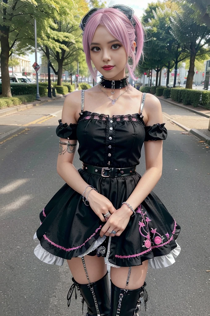 sexy stylish Swedish model, only 1 female, ((doll-like appearance)), short neon pink stylish hair, ((shiny Punk-Style boots)), (beautiful smile), ultra detailed eyes, detailed makeup, lipgloss, ((sexy Punk Lolita cosplay)), unconventional skirt, petticoats, high neckline, ((ultra detailed lace)), ((ultra detailed embroidery)), intricate details, tartan patterns, (silver chains), (silver spikes), (safety pins), Punk Lolita accessoires, Punk Lolita choker, ((large sparkling Punk Lolita jewelry)), cinematic light, detailed large park background with trees