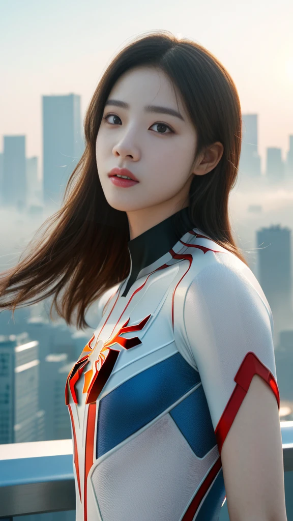 (1 woman:1.3), alone, (((Very detailed face)))), ((very detailed 눈과 얼굴)))), beautiful 디테일의 눈, body parts__, official art, Integrated 8K wallpaper, very detailed, beautiful and beautiful, beautiful, masterpiece, best quality, original, masterpiece, very nice photo, best quality, ultra high resolution, realistic realism, sunlight, full body portrait, amazing beauty, dynamic pose, delicate face, lively eyes, (from the front), she wears a spiderman suit, red and black color scheme, spider, very detailed 도시 지붕 배경, rooftop, city view, detailed face, Detailed complex busy background, crummy, very cool, milk white, very detailed 피부, realistic skin details, visible pores, clear focus, volumetric fog, 8k words, dslr, high quality, film grain, fair skin, photo realism, lomography, Futuristic dystopian megacity, transparent