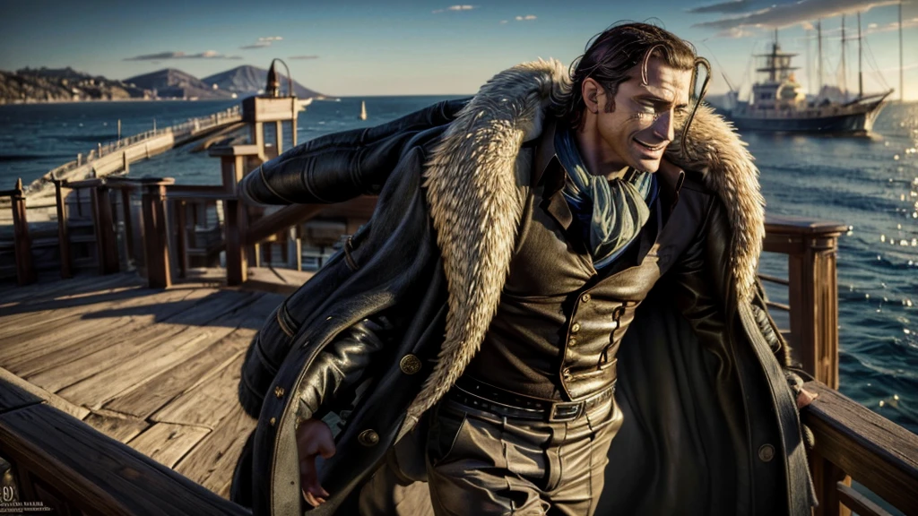 masterpiece, best quality, extremely detailed, hyperrealistic, photorealistic, a cool 40s man, ultra detailed face:1.2, fur-trimmed coat, scarf around the neck, his left hand is a golden pirate hook:1.1, sea, port city, ship, in the sunshine:1.1, sly smile, walking