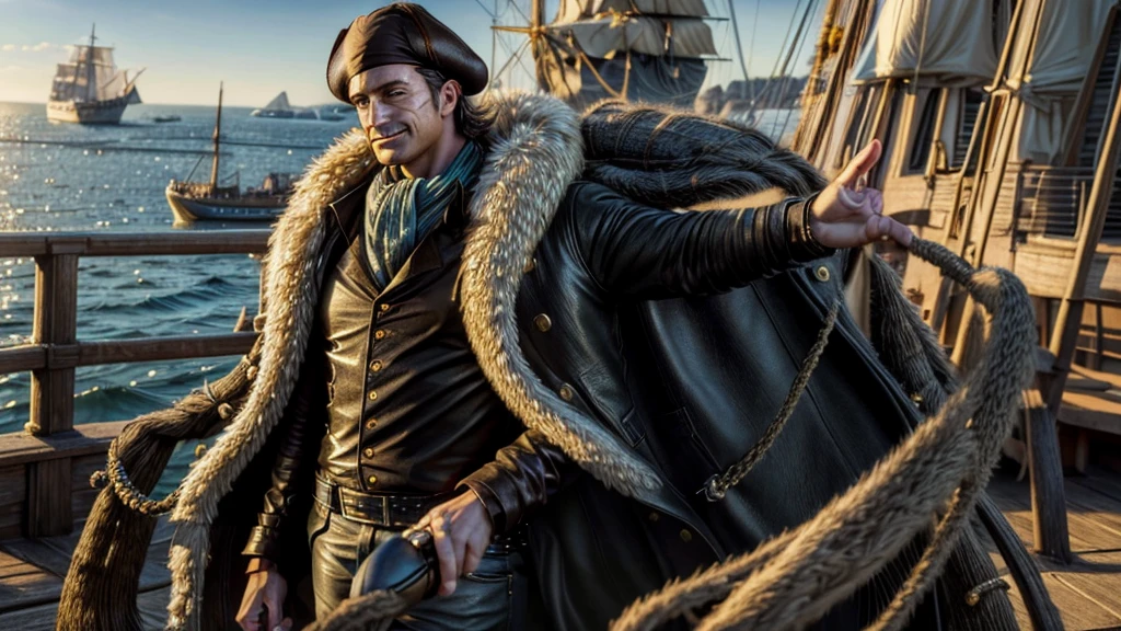 masterpiece, best quality, extremely detailed, hyperrealistic, photorealistic, a cool 40s man, ultra detailed face:1.2, fur-trimmed coat, scarf around the neck, his left hand is a golden pirate hook:1.1, sea, port city, ship, in the sunshine:1.1, sly smile, walking