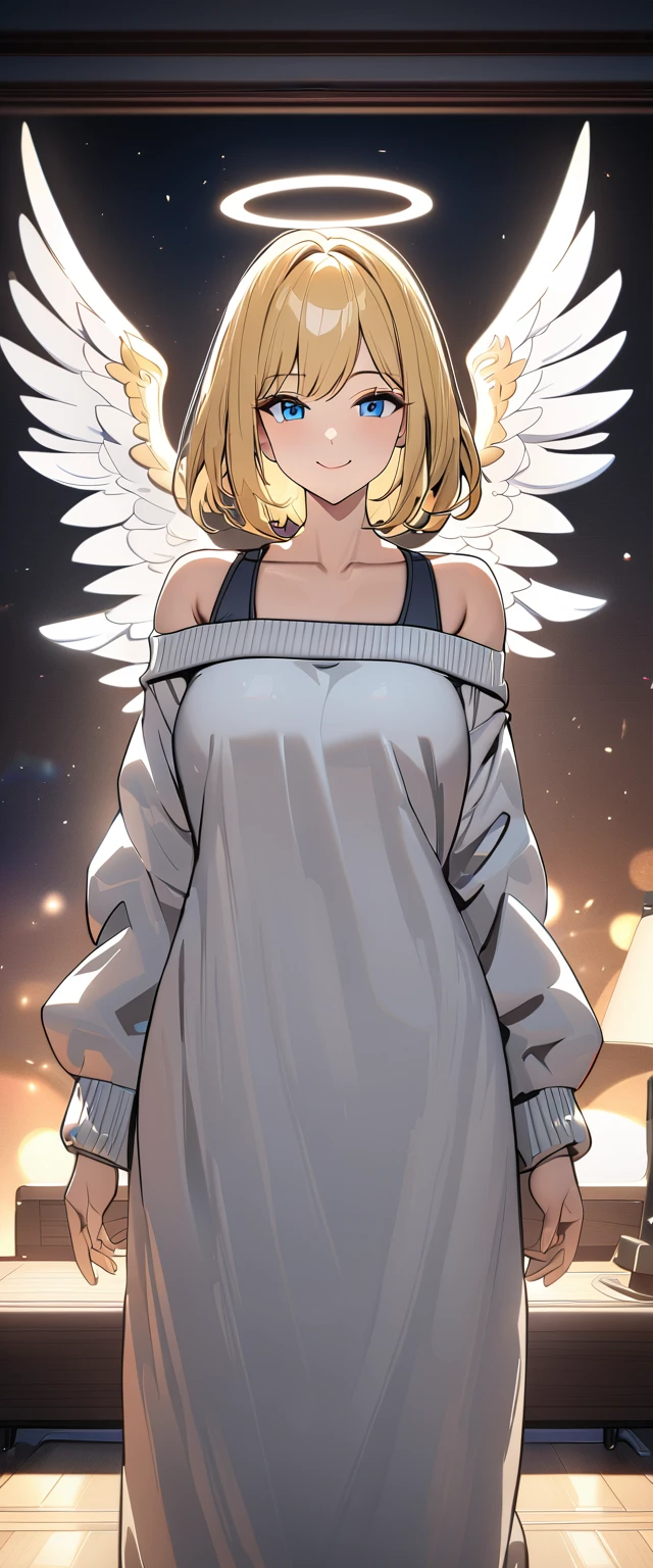 ((flying in the sky)), ((angel, big big white wings:1.3, halo:1.3)), ((sky)), ((())), (((cowboy shot))), archangel Uriel, ((wavy hair, outward curled hair)), evening, Sunset, ((blond hair, bob cut:1.3)), breasts, teenager, (looking at viewer), oversized clothes, puffy long sleeves, collarbone, ((off-shoulder sweater:1.3, Quite thick shoulder straps)), ((white sweater)), collarbone, head tilt:1.3, (((blue eyes))), ((happy smile)), (((anime style))), (best quality, 4K, 8K, highres, masterpiece:1.2, ultra-detailed, ultra-detailed eyes, HDR, uhd, studio lighting, ultra-fine painting, sharp focus, physically-based rendering, extreme detail description, professional, vivid colors, bokeh)