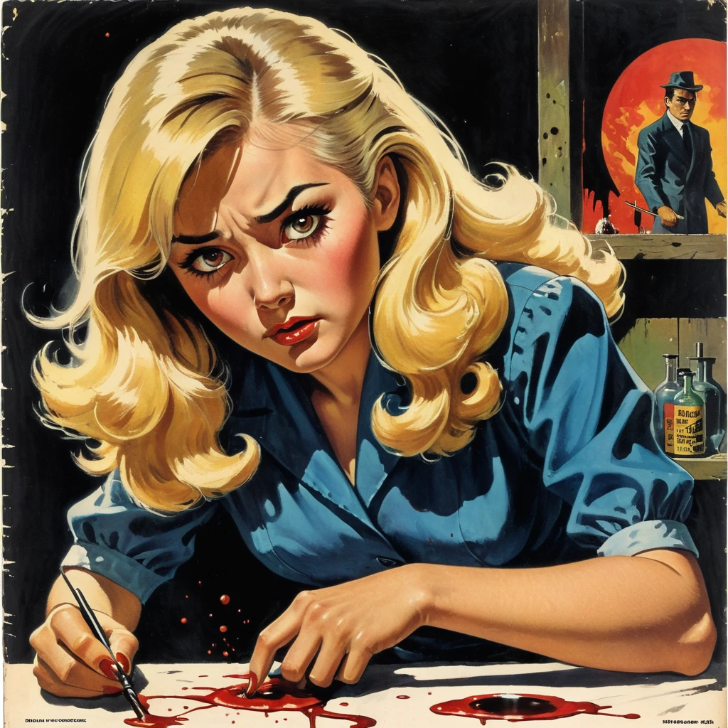 ((evil japanese scientist, experimenting on frightened blonde girl, blood, mutated guinea pigs)), exotic, mysterious, vintage exploitation poster, magazine illustration, paper ripped and worn, stained, classic Crime and Horror, Gothic, Euro-Sleaze, Italian cinema, French avant-garde, Tarantino vibe, exploitation aesthetic, 50s, 60s, 70s, murder, suspense, lurid vivid colors, by Brian Bolland, by Basil Gogos, by Frazetta, by Mike Ploog, oil paint, dramatic, bold