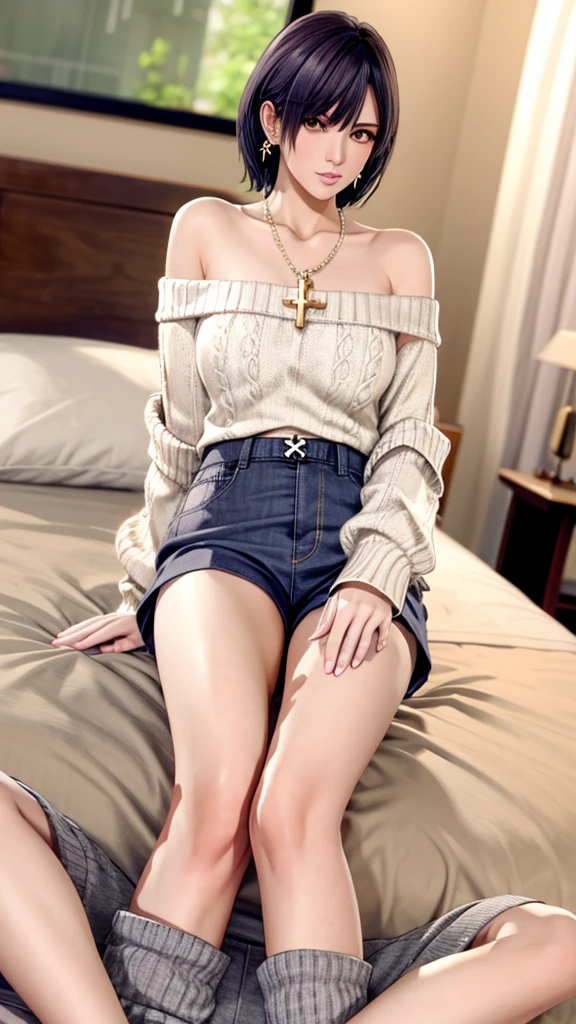 nagisa, (off-shoulder sweater, oversized sweater), (hiden short pants), (cross-legged sitting, hands lying on thighs), on bed, best quality, masterpiece, earrings, necklace,