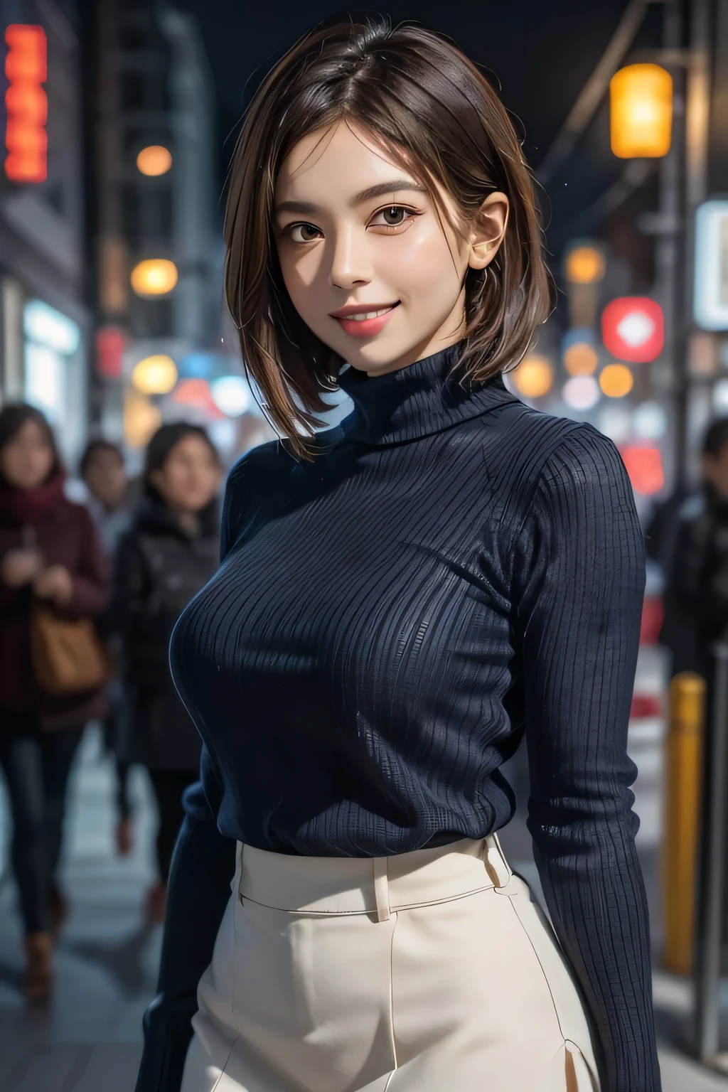 (8K, RAW Photos, Highest quality, masterpiece, Realistic, Realistic), (1. The ultimate beauty), middle aged, Highly detailed face, fine grain, double eyelid, eyelash, Grin, Beautiful Teeth, Lip details, Brunette Bob, Big Breasts, (Blue Turtleneck Sweater), ((Brown mini skirt)), Cowboy Shot, Ginza Street in Tokyo, Cityscape, Soft Light, ((Written boundary depth)) 